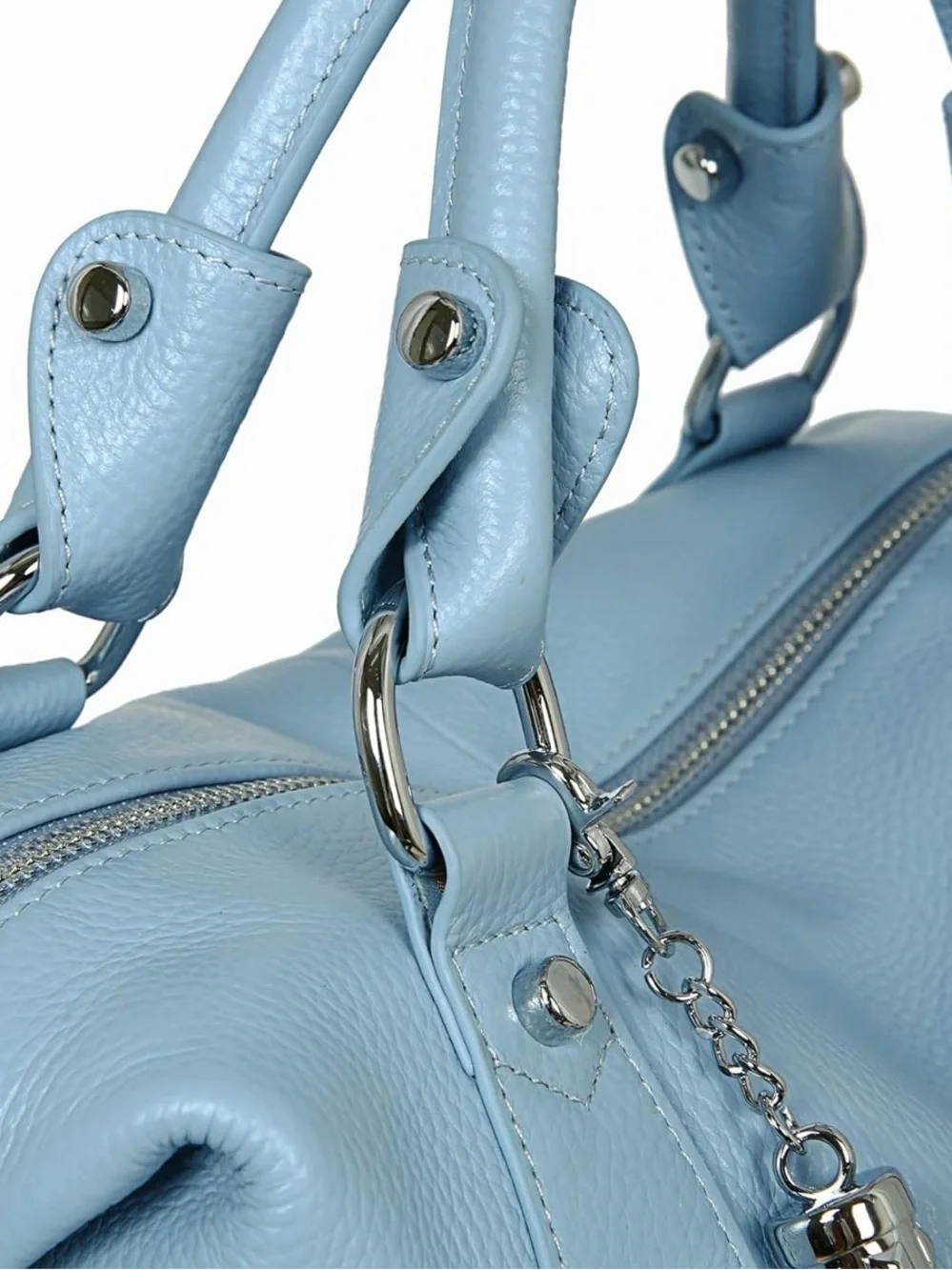 Light Blue Leather Satchel Handbag with Tassel